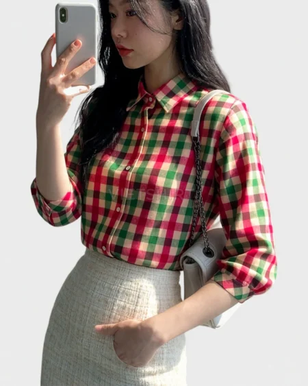 Alternative view of Vải may caro cotton xanh đỏ trắng