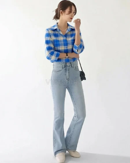 Vải may ca rô cotton màu xanh trắng