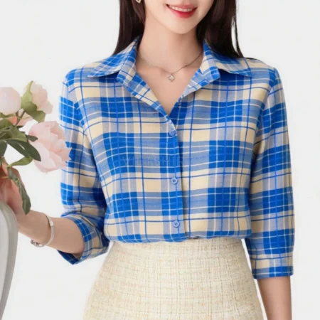 Alternative view of Vải may ca rô cotton màu xanh trắng