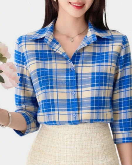 Alternative view of Vải may ca rô cotton màu xanh trắng