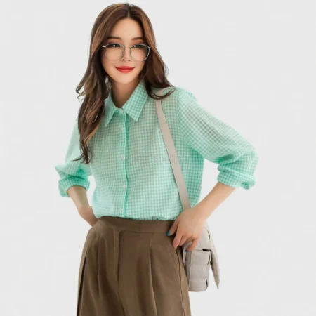 Alternative view of Vải may ca rô cotton màu xanh lá nhạt