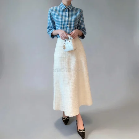 Alternative view of Vải may ca rô cotton mau trắng xanh dương