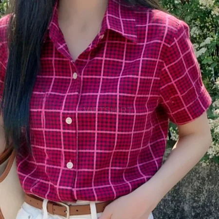 Alternative view of Vải may ca rô cotton màu đỏ mận