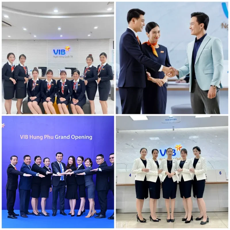 Ảnh ghép nhiều nhân viên VIB mặc áo vest đồng phục VIB đứng chụp ảnh trong các sự kiện