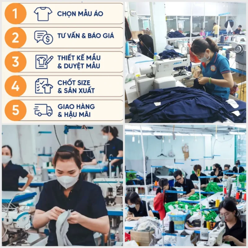 Quy trình sản xuất đồng phục áo thun sự kiện, các công nhân đang may áo tại xưởng