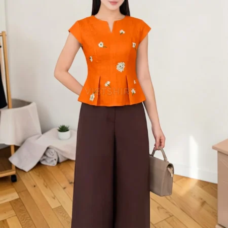 Vải may thô cotton thêu hoa màu cam