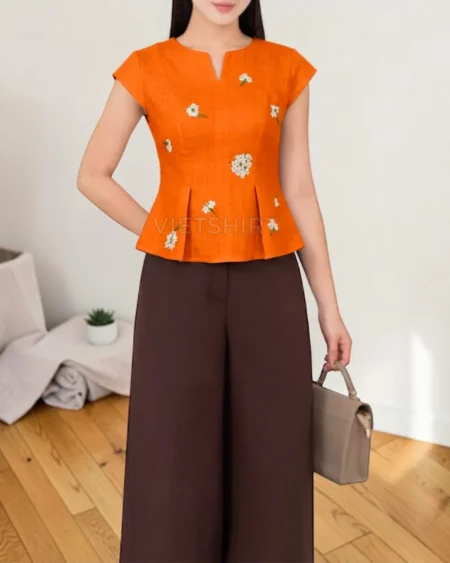 Vải may thô cotton thêu hoa màu cam