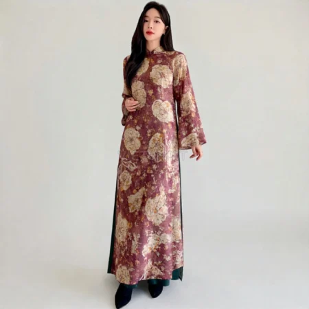 Vải may tơ tàm hoa màu đỏ nâu