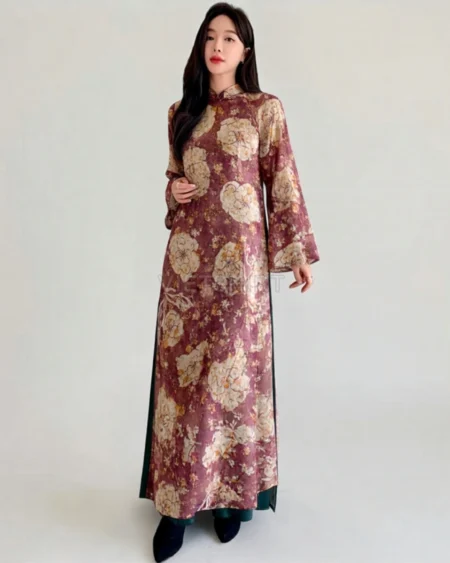 Vải may tơ tàm hoa màu đỏ nâu