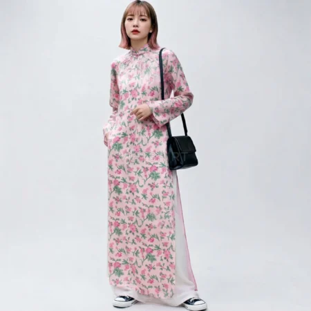 Vải may thô cotton baby thêu hoa màu hồng