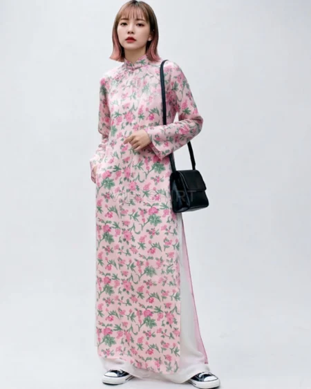 Vải may thô cotton baby thêu hoa màu hồng