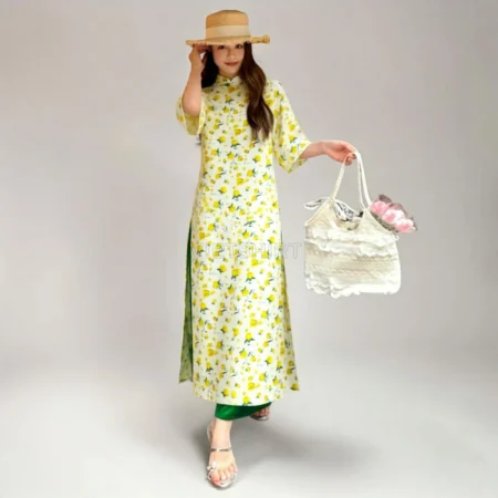 Vải may thô cotton baby thêu hoa màu vàng