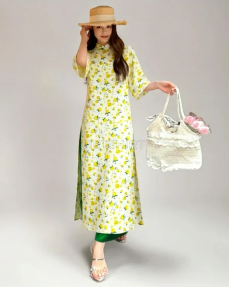 Vải may thô cotton baby thêu hoa màu vàng