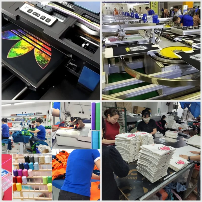 Xưởng in áo thun chuyên nghiệp có các công nhân đang làm việc
